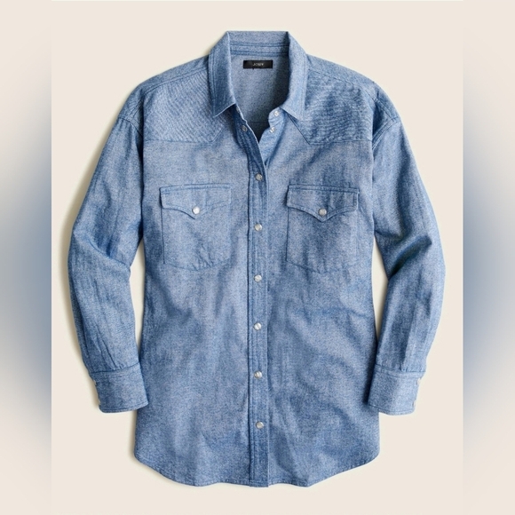 J. Crew Western Shirt Relaxed Fit Indigo Flannel Top Womens 4 Blue Pearl Snap - Picture 1 of 16